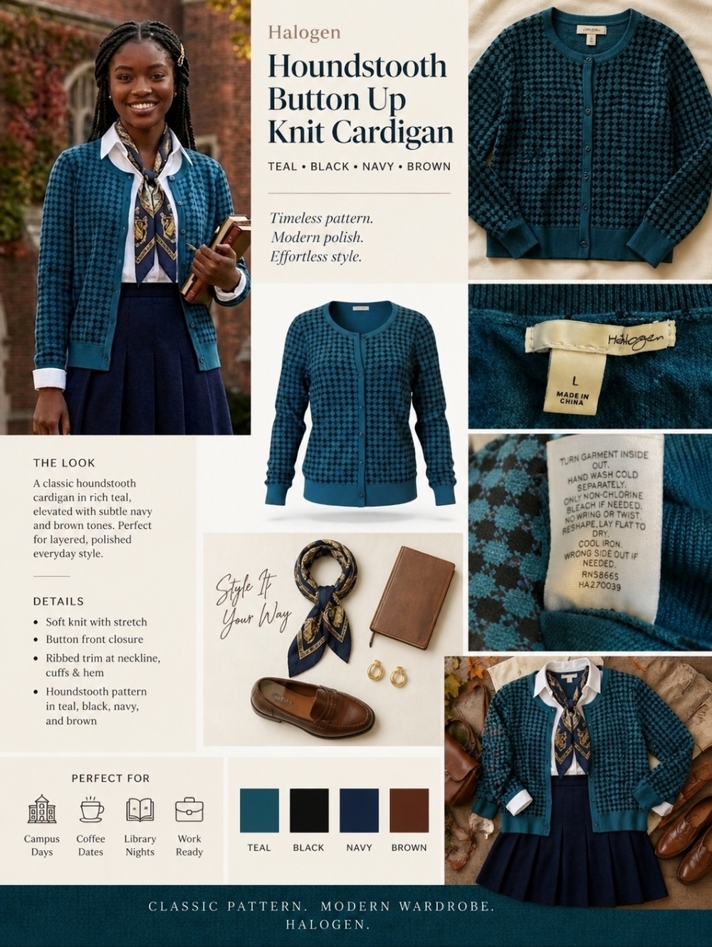 Halogen Houndstooth Button Up Knit Cardigan Teal Black Navy Brown LARGE